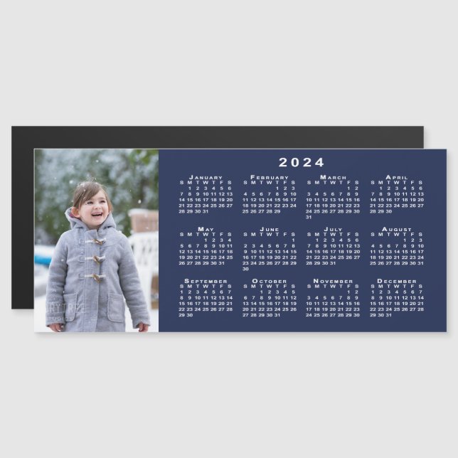 Add Your Photo 2024 Calendar on Navy Blue Magnet (Front/Back)