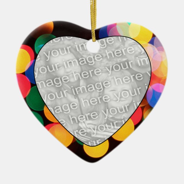 Add Your Photo Coloured Christmas Lights Heart Ceramic Tree Decoration (Front)