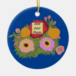 Add your photo Floral Pattern With Initial Blue Ceramic Tree Decoration