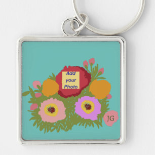 Add your photo Floral Pattern With Initial Teal Key Ring