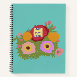 Add your photo Floral Pattern With Initial Teal Notebook