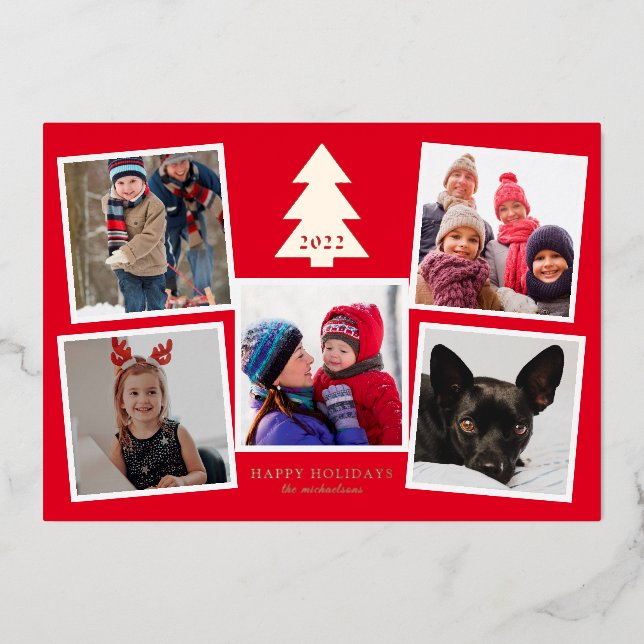 ADD YOUR PHOTO | Happy Holidays Christmas Tree Foil Holiday Card (Front)