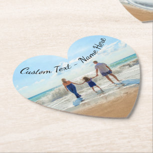Add Your Photo Heart Paper Coasters Custom Text