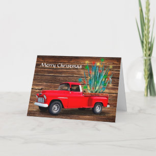 Add your photo inside, Red Truck with Cactus, Holiday Card