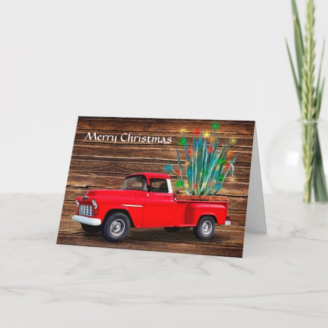 Add your photo inside, Red Truck with Cactus, Holiday Card (Front)