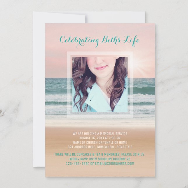 Add Your Photo Memorial Sea Ocean Beach Turquoise Invitation (Back)