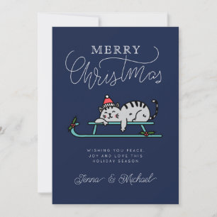ADD YOUR PHOTO   Merry Christmas Winter Sled Cat Invitation