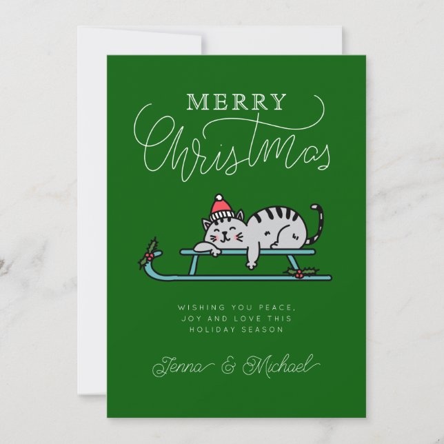 ADD YOUR PHOTO | Merry Christmas Winter Sled Cat Invitation (Front)
