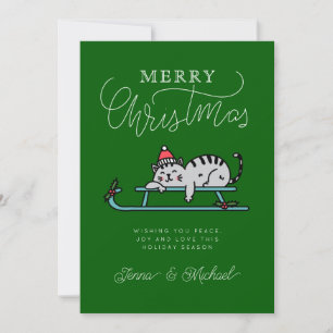 ADD YOUR PHOTO Merry Christmas Winter Sled Cat Invitation