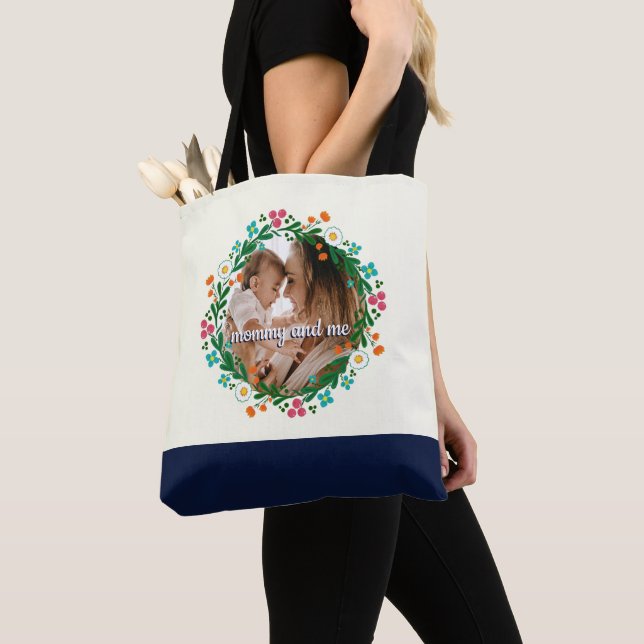 Add Your Photo Mummy and Me Colourful Floral Wreat Tote Bag (Close Up)