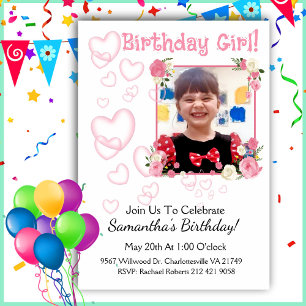 Add your Photo Pink Hearts Girl Birthday  Invitation