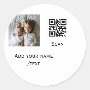 Add your photo q r barcode name text details simpl classic round sticker