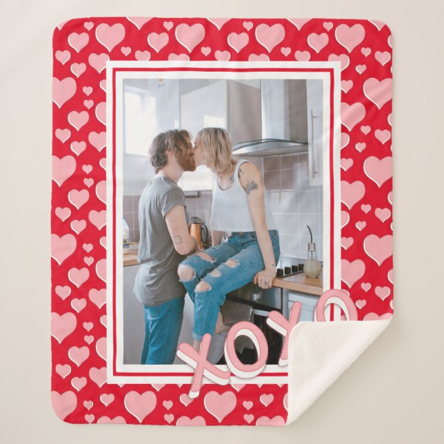 Add Your Photo Romantic Red Pink Hearts XOXO Sherpa Blanket (Front)
