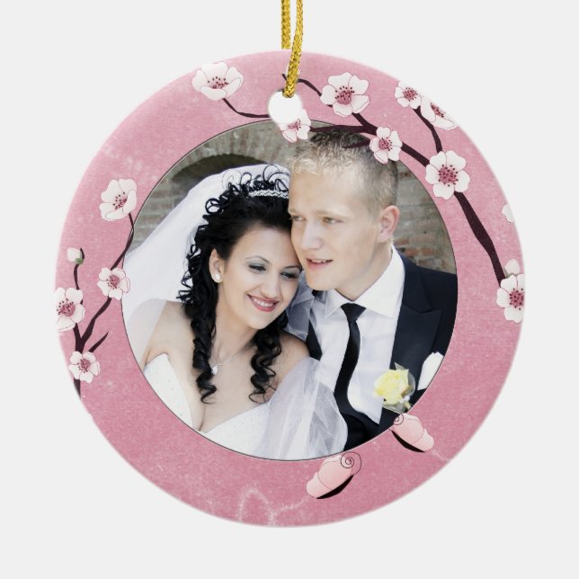 Add Your Photo Sakura and Butterflies You Wedd Ceramic Tree Decoration (Front)