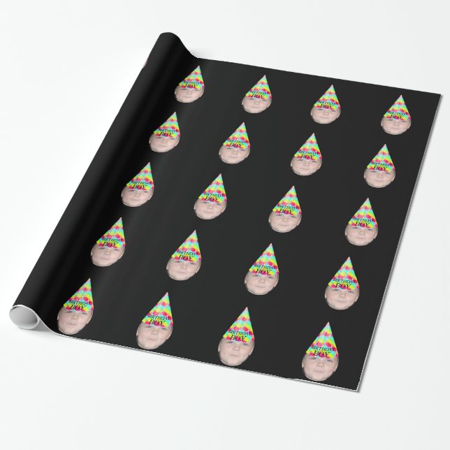 Add Your Photo To A Birthday Boy Party Hat Wrapping Paper (Unrolled)