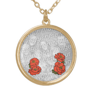 Add Your Photo! Vintage Wizard of Oz Red Poppies Gold Plated Necklace