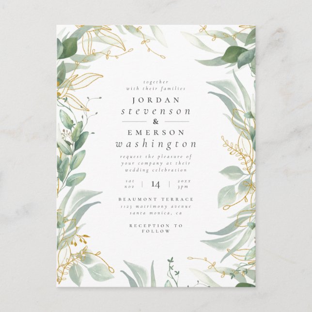 Add Your Photo | Watercolor Green & Gold Wedding Invitation Postcard (Front)