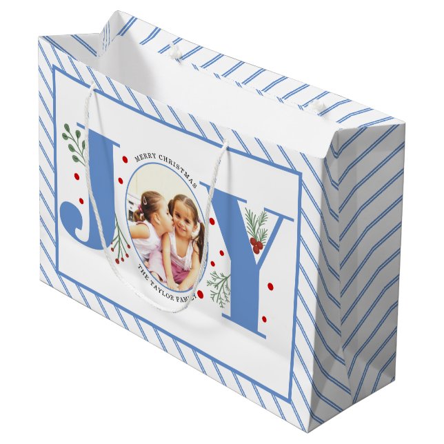 Add your photos blue JOY and stripes Large Gift Bag (Front Angled)