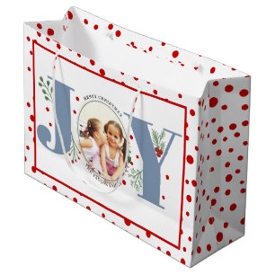 Add your photos dusty blue JOY and red polka dots Large Gift Bag