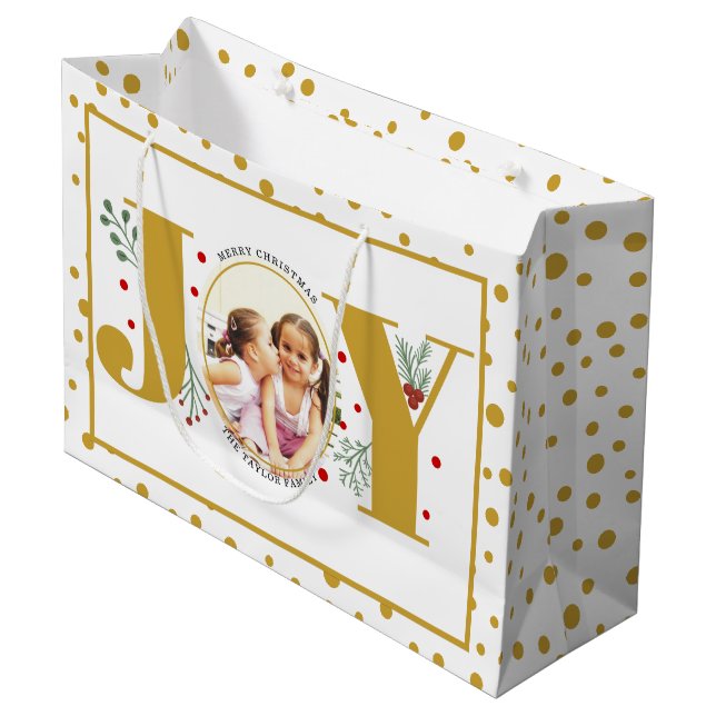 Add your photos gold JOY and  polka dots Large Gift Bag (Front Angled)