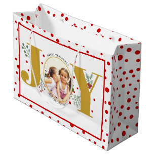 Add your photos gold JOY and red polka dots Large Gift Bag