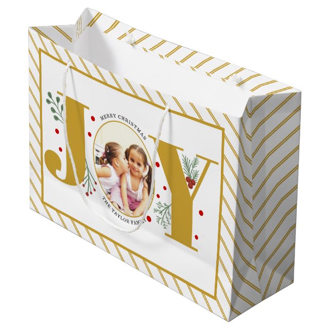 Add your photos gold JOY and stripes Large Gift Bag (Front Angled)