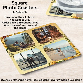 Add Your Photos, Golden Flowers Wedding Suite,  Square Paper Coaster