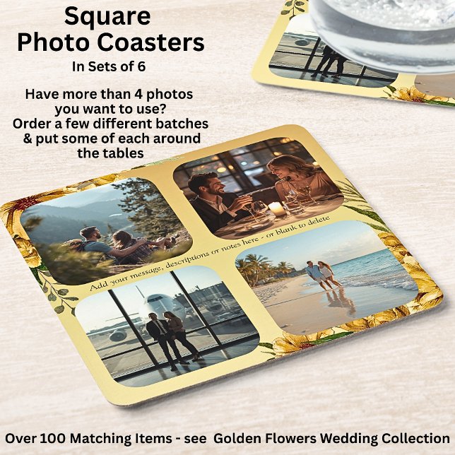 Add Your Photos, Golden Flowers Wedding Suite,  Square Paper Coaster (Creator Uploaded)