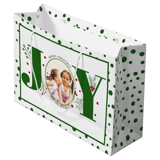 Add your photos green JOY and  polka dots Large Gift Bag (Front Angled)
