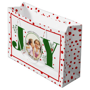 Add your photos green JOY and red polka dots Large Gift Bag
