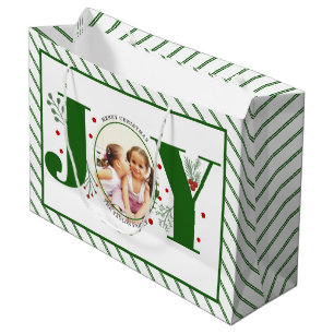 Add your photos green JOY and stripes Large Gift Bag