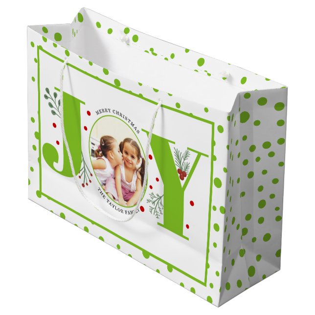 Add your photos lime green JOY and  polka dots Large Gift Bag (Front Angled)