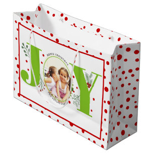 Add your photos lime green JOY and red polka dots Large Gift Bag