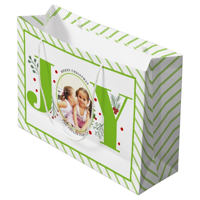 Add your photos lime green JOY and stripes Large Gift Bag (Front Angled)