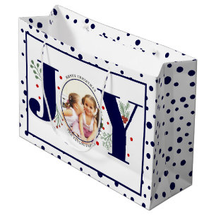Add your photos navy blue JOY and  polka dots Large Gift Bag