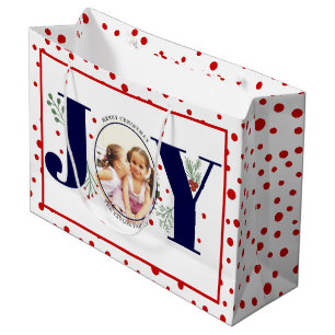 Add your photos navy blue JOY and red polka dots Large Gift Bag