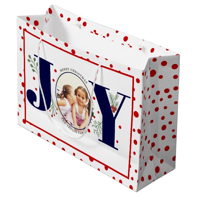 Add your photos navy blue JOY and red polka dots Large Gift Bag (Front Angled)