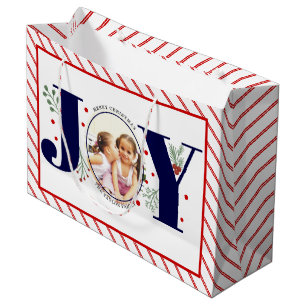 Add your photos navy blue JOY and red stripes Large Gift Bag