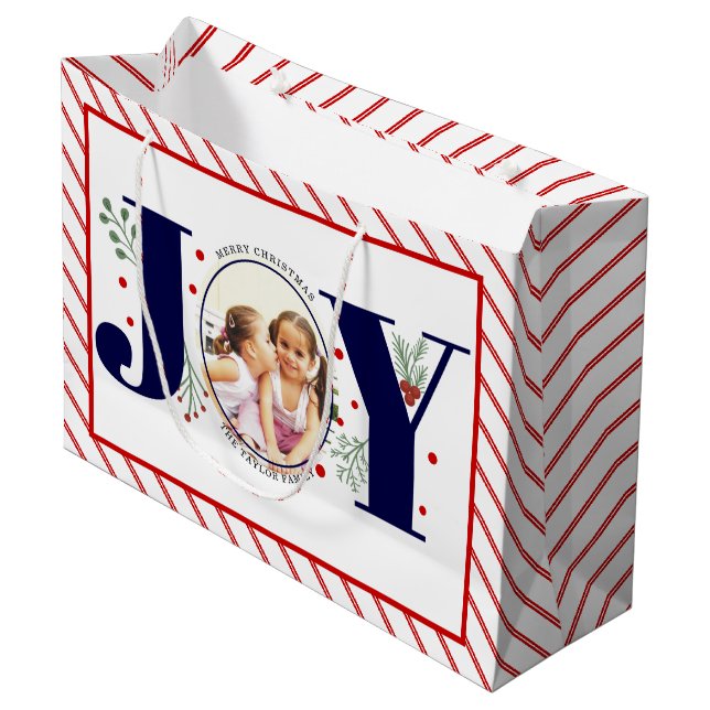 Add your photos navy blue JOY and red stripes Large Gift Bag (Front Angled)