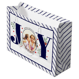 Add your photos navy blue JOY and stripes Large Gift Bag