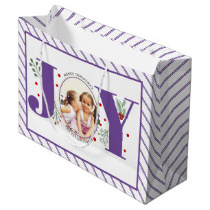 Add your photos purple JOY and stripes Large Gift Bag