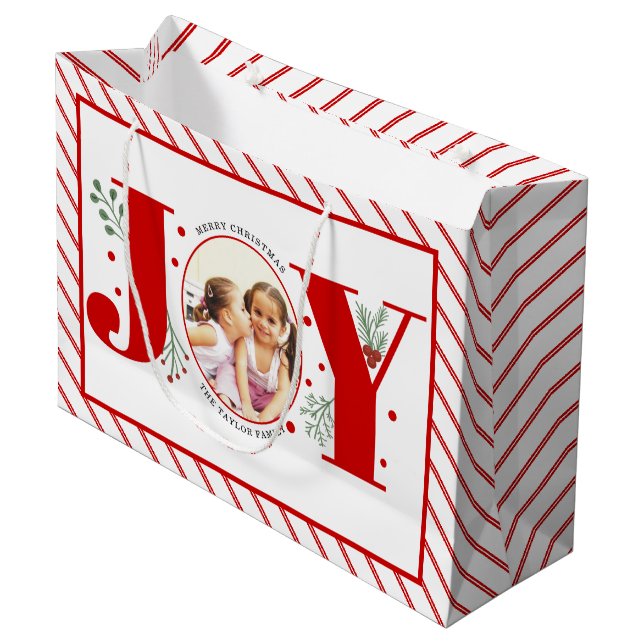 Add your photos red JOY and stripes Large Gift Bag (Front Angled)