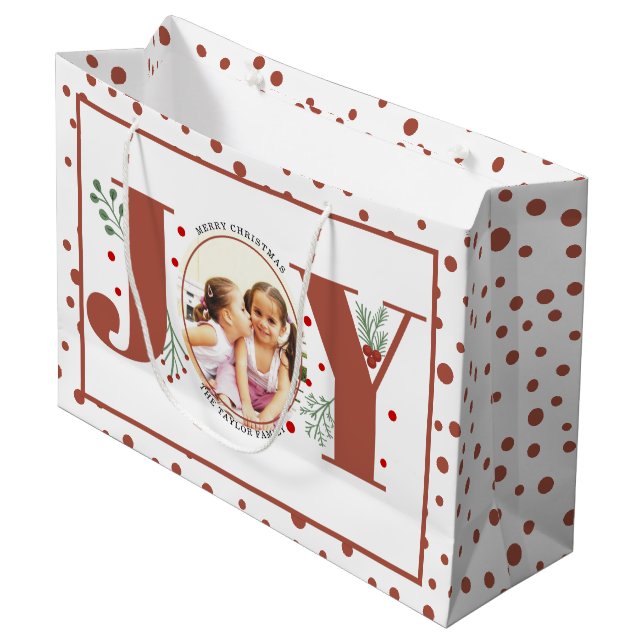 Add your photos terracotta JOY, polka dots Large Gift Bag (Front Angled)