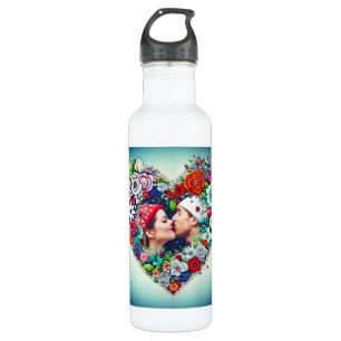 Add Your Picture   Floral Heart Frame 710 Ml Water Bottle