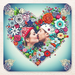 Add Your Picture Floral Heart Frame Square Paper Coaster