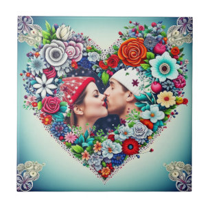 Add Your Picture   Floral Heart Frame Tile
