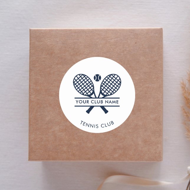 Add Your Tennis Club Name Minimalist Office Classic Round Sticker (Lawn Tennis Navy Blue Rackets Motif White Round Sticker)