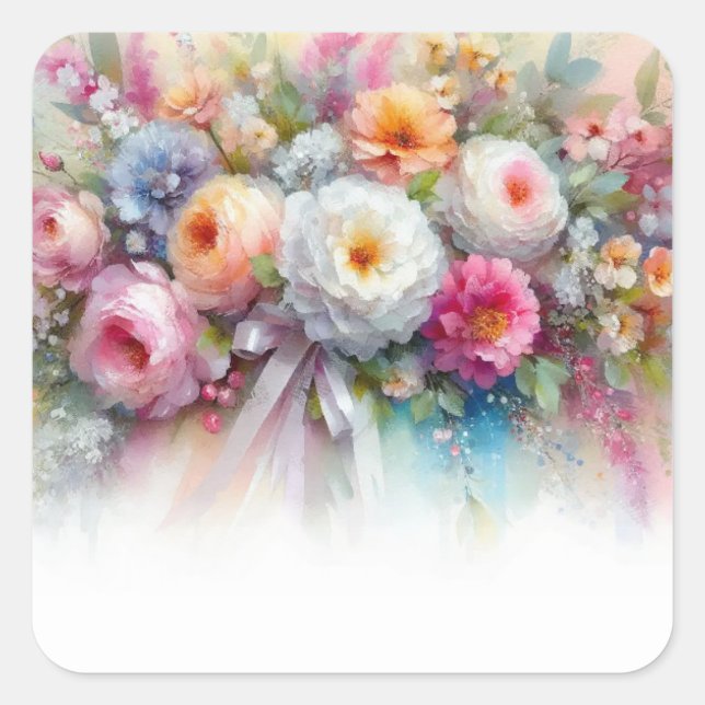 Add Your Text Blank Template Watercolor Flowers Square Sticker (Front)