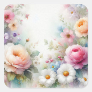 Add Your Text Blank Template Watercolour Flowers Square Sticker