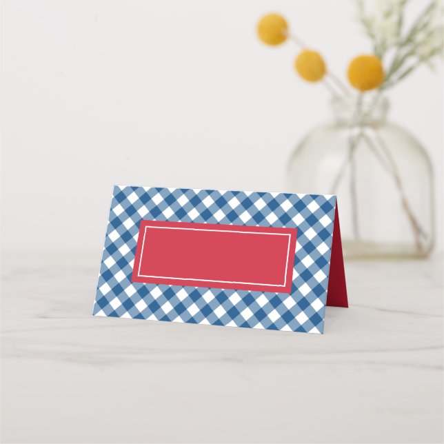 Add Your Text Blue Gingham Pattern with Red Place Card (Front)